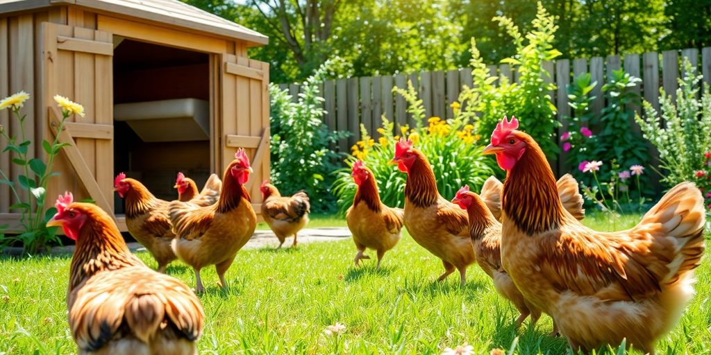 Chickens in a sunny backyard with a coop.