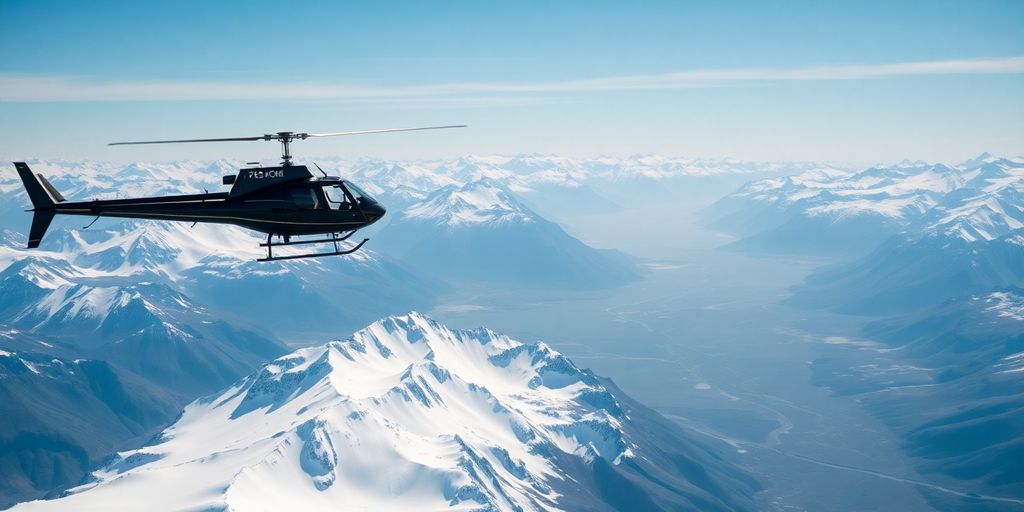 A helicopter flying over vast, snow-covered Alaskan mountains.