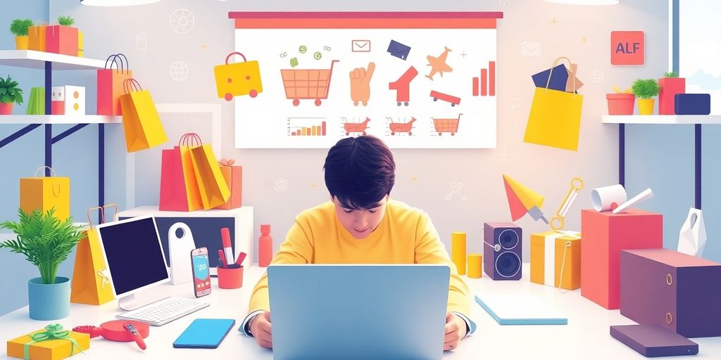 Person using laptop in a vibrant ecommerce workspace.