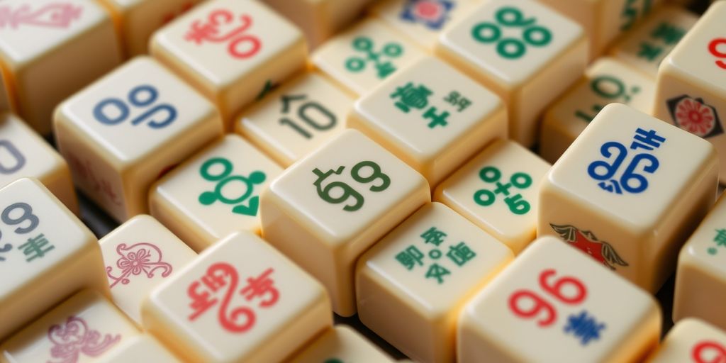 Close-up of Mahjong tiles with numbers.