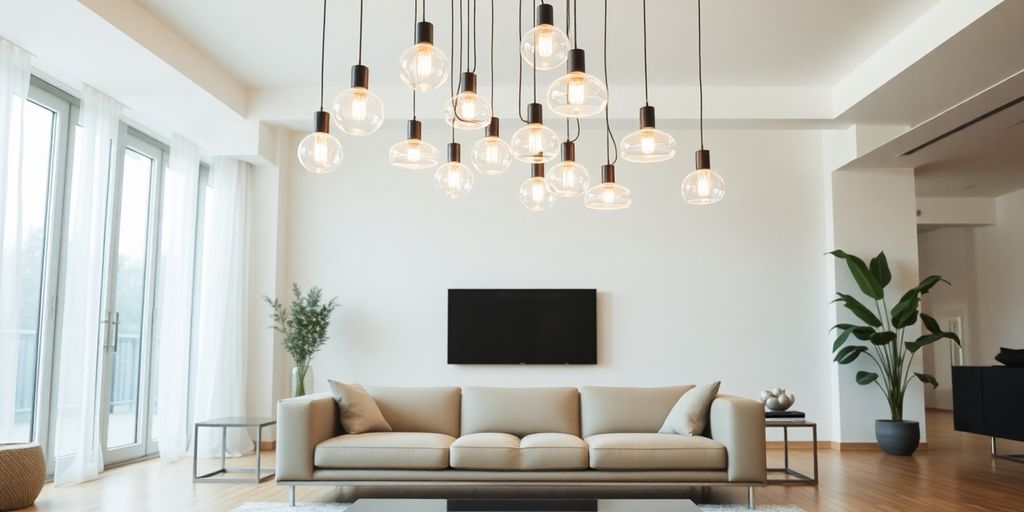Stylish hanging lights illuminating a modern living room.