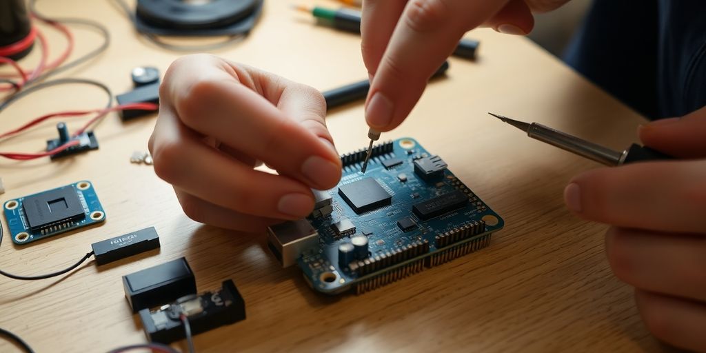 Pessoa em uma bancada usando uma placa Jetson Nano.