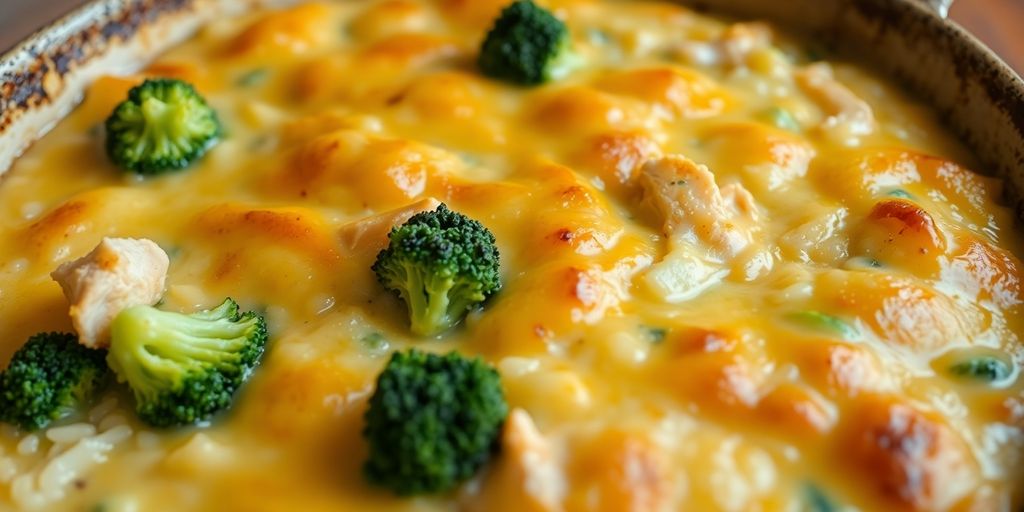 Chicken broccoli rice casserole in a dish.