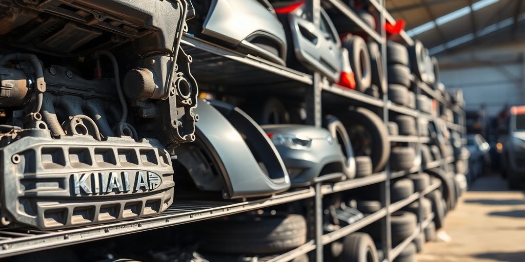 Used Kia car parts on shelves.