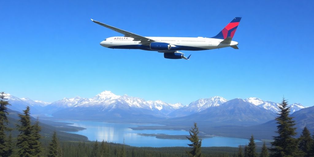 A Delta airplane flying over majestic, snow-covered Alaskan mountains.