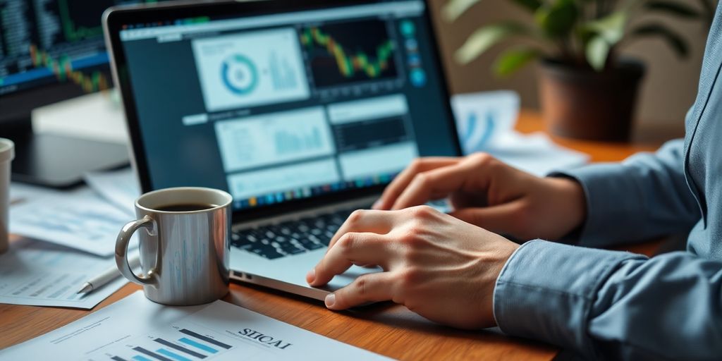 Trader analyzing options on a laptop with documents.