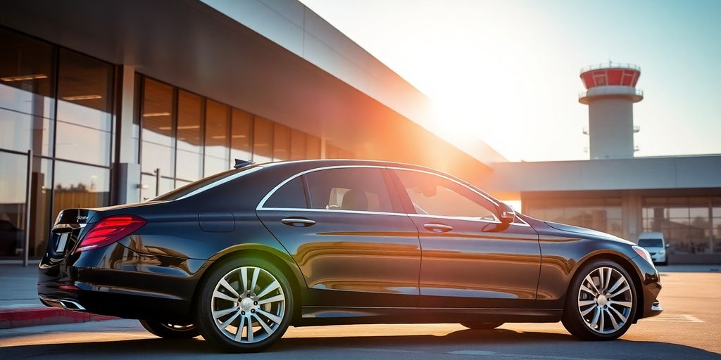 Luxury sedan arriving at airport terminal.