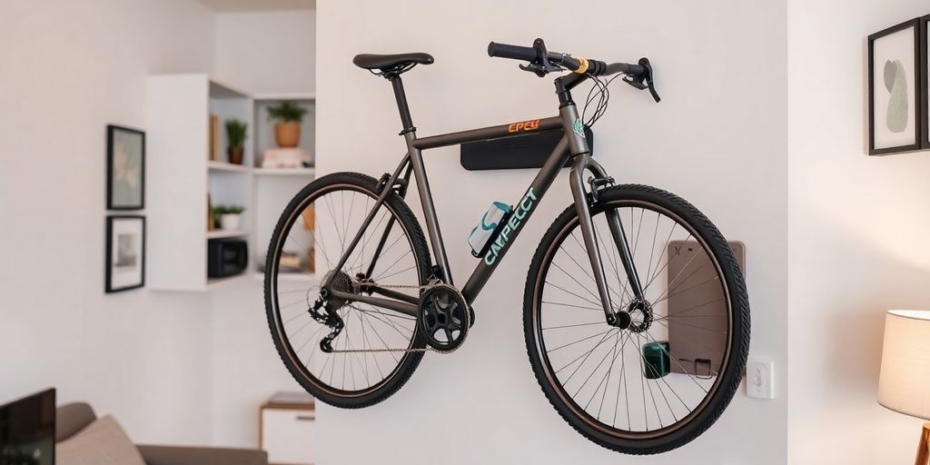 Bicycle on wall clip in small apartment setting.
