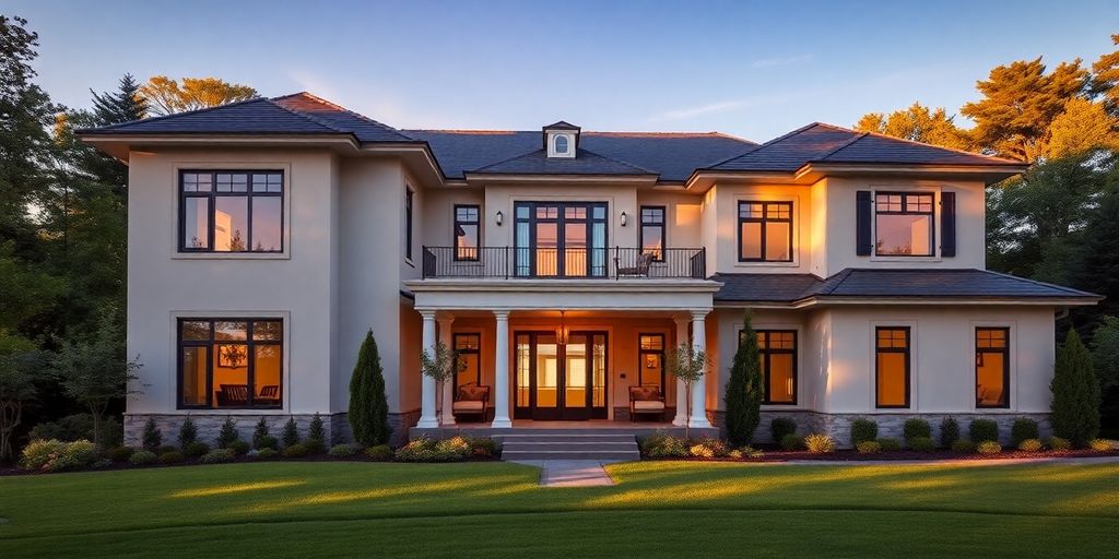 A beautiful, newly built custom home exterior at sunset.