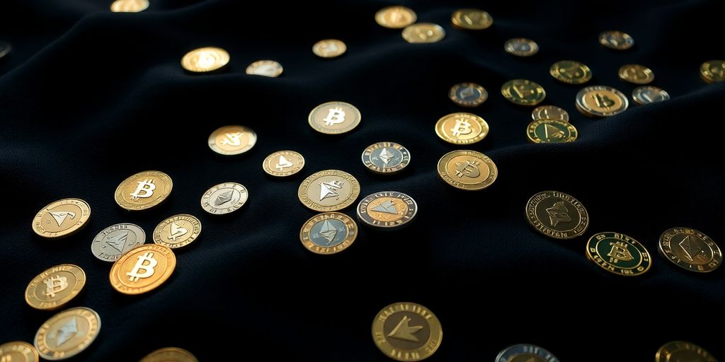Digital currency coins atop dark, undulating surfaces