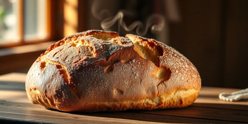 Loaf of bread on a wooden table with soft light.