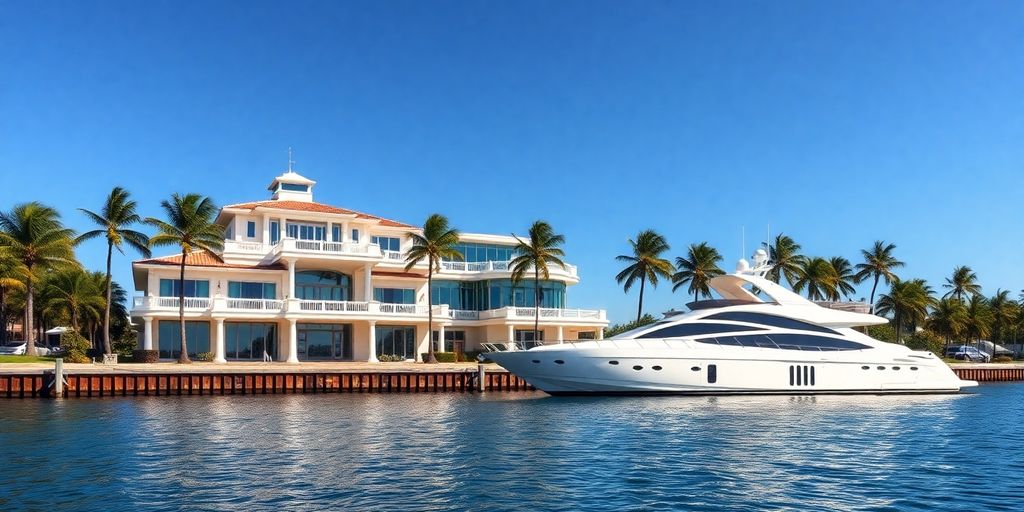 Luxury waterfront mansion with private yacht.