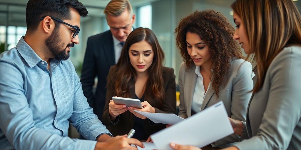 Insurance professionals collaborating in a modern office space.