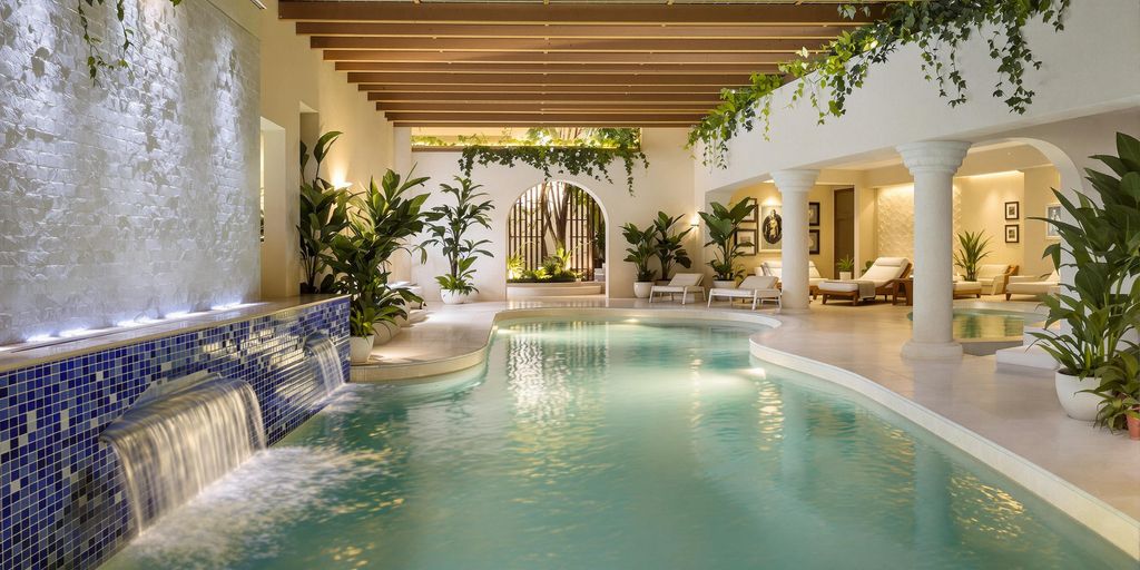 Spa area with calming water and lush greenery.