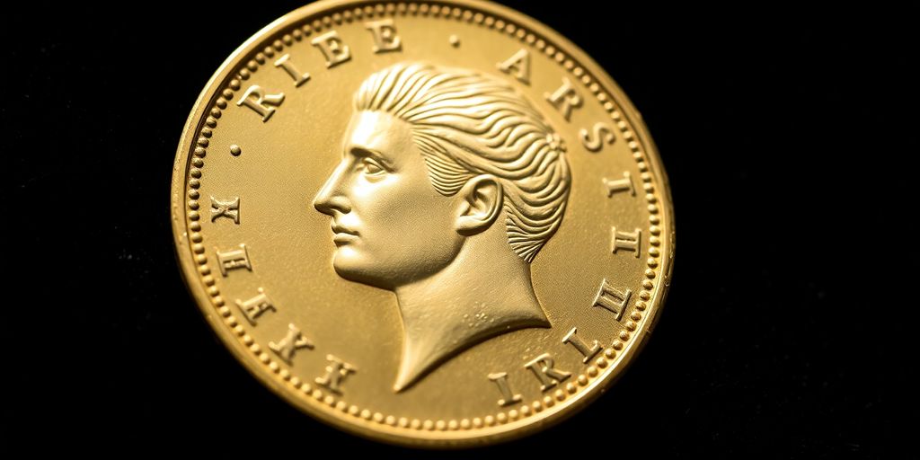 Monnaie en or de Napoléon sur fond sombre.