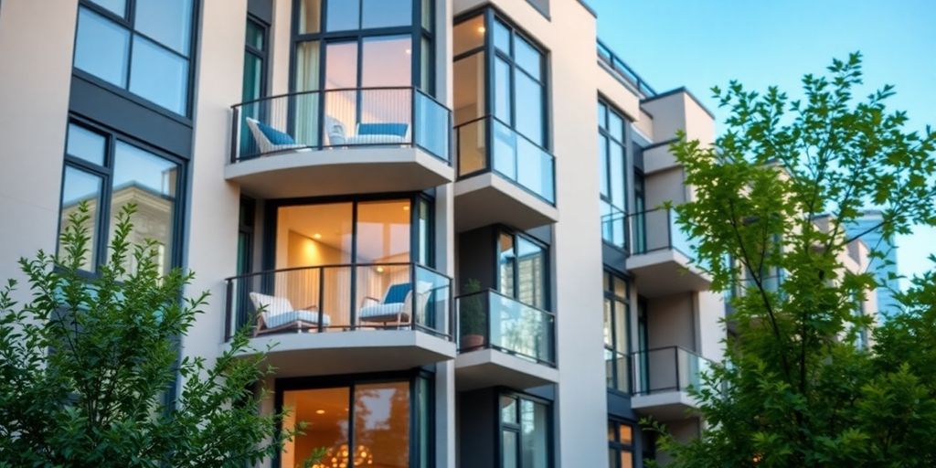 Prédio moderno com janelas grandes e varandas.