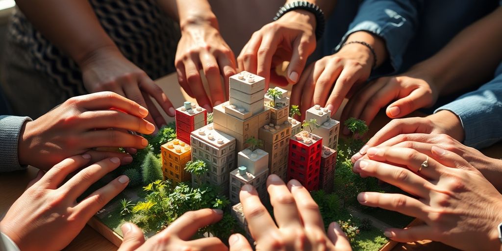Diverse hands building a miniature cityscape.