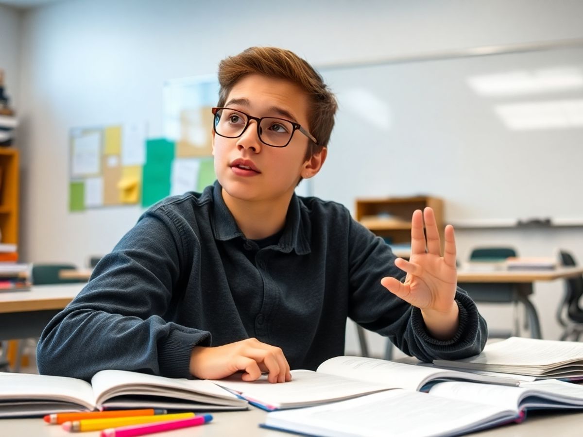 Student explaining concepts with notebooks and pens around.