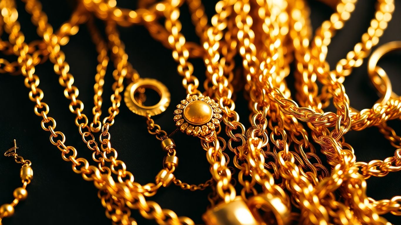 Vari gioielli in oro: collane, bracciali, anelli.