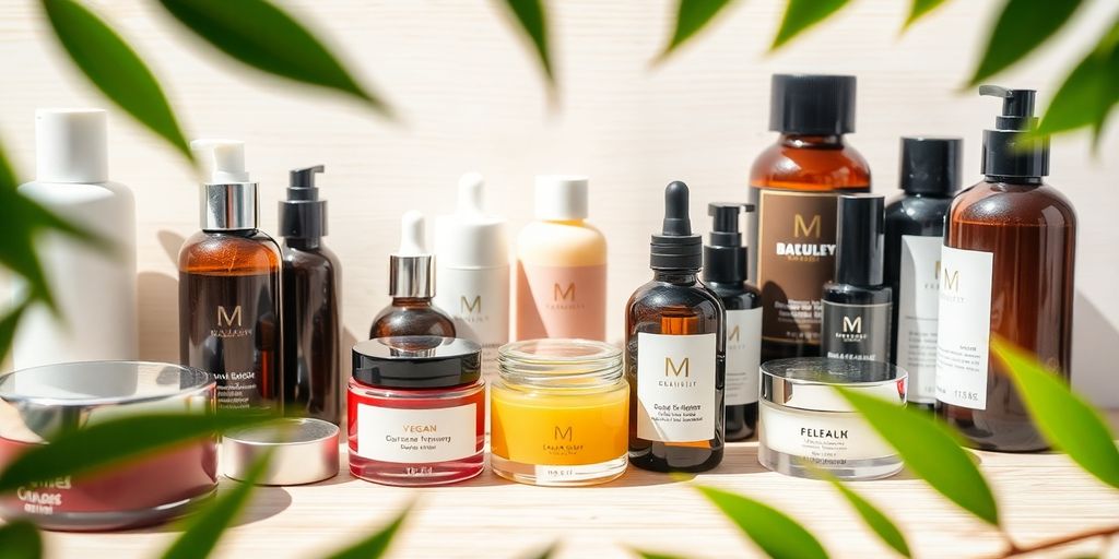 Vegan beauty products in a bright, natural setting.