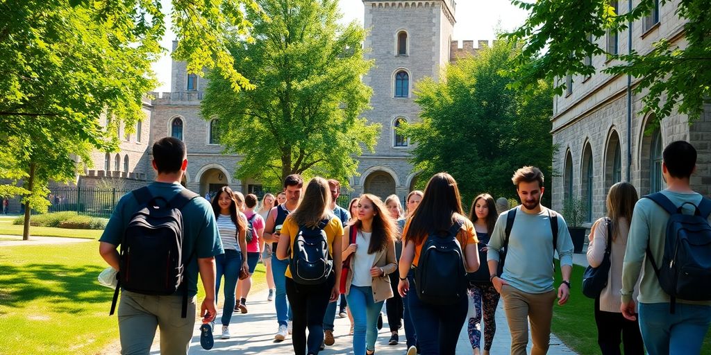 Students walking across a European university campus