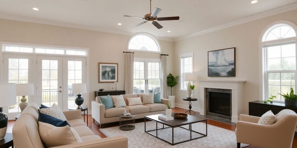 Modern remodeled living room with stylish decor and lighting.