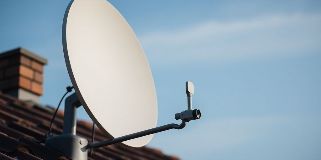 Satellitenschüssel auf einem Dach, klarer Himmel im Hintergrund.