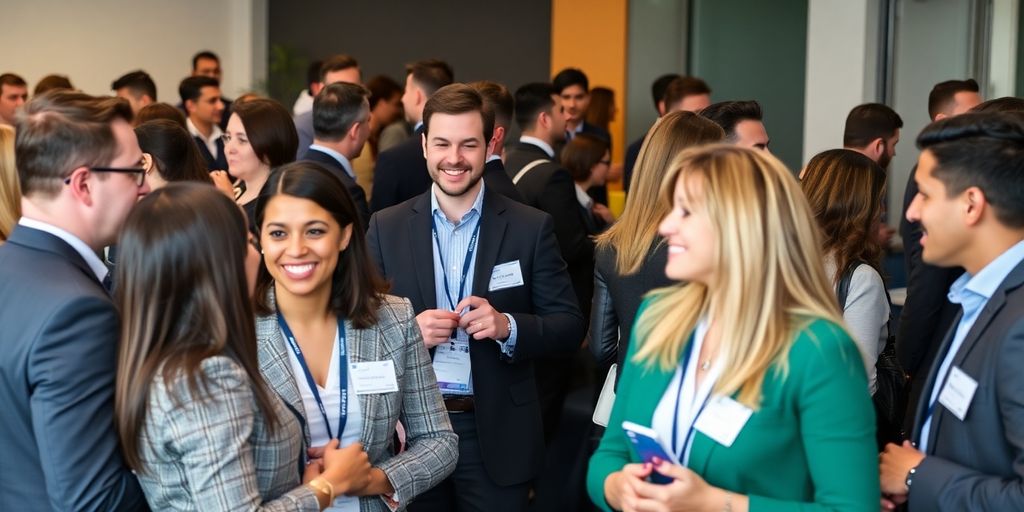 Diverse professionals networking in a modern office setting.