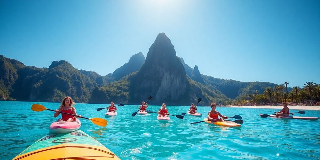 People enjoying ocean activities near picturesque Cabo San Lucas.
