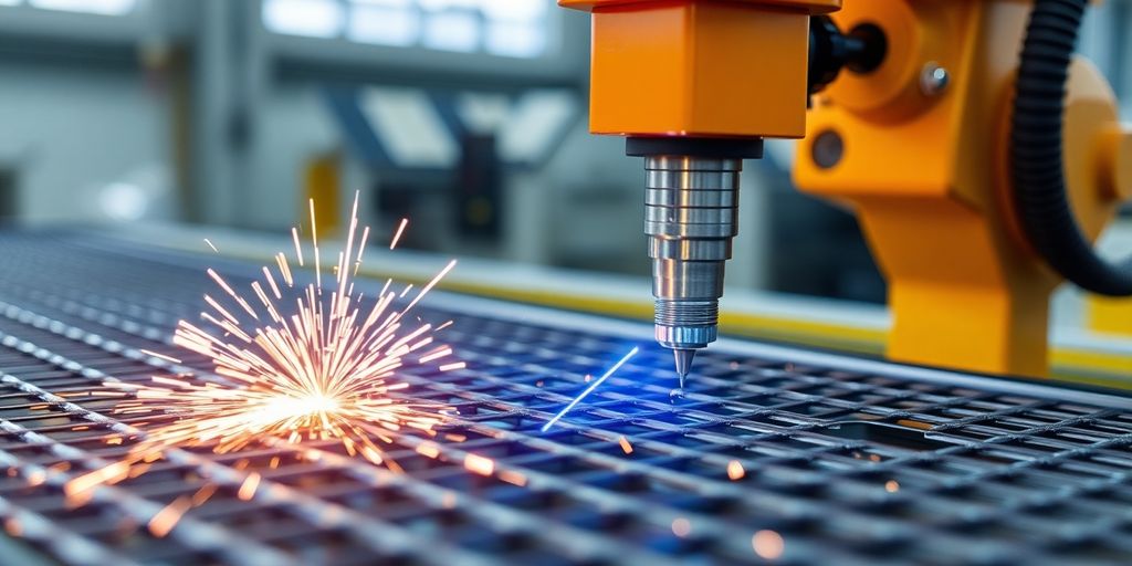 Automated mesh welding machine in action, close-up view.