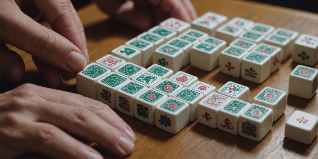Close-up of a hand arranging Mahjong tiles on a table, with a viewfinder overlay highlighting specific tiles.