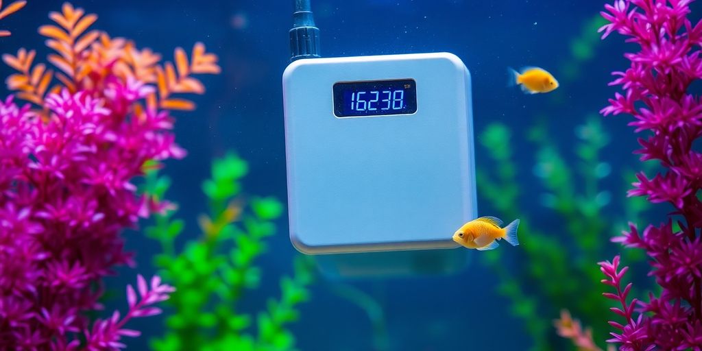 Calentador de tanque de peces de agua dulce con plantas acuáticas y peces.