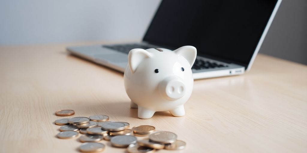 Piggy bank, coins, and laptop on a desk.