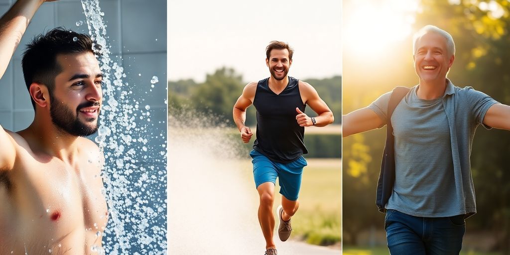 Man showering, then running, then looking happy.