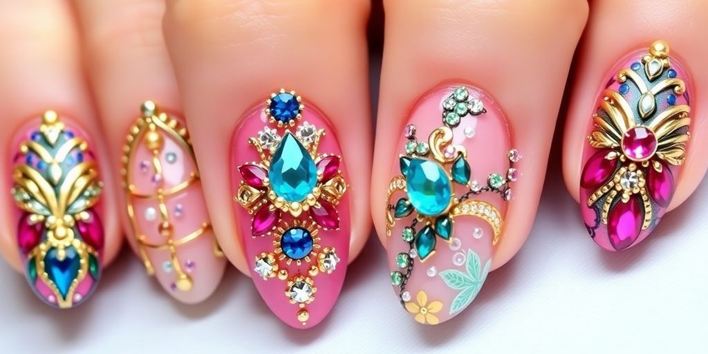 Nail art com decorações luxuosas e exclusivas.