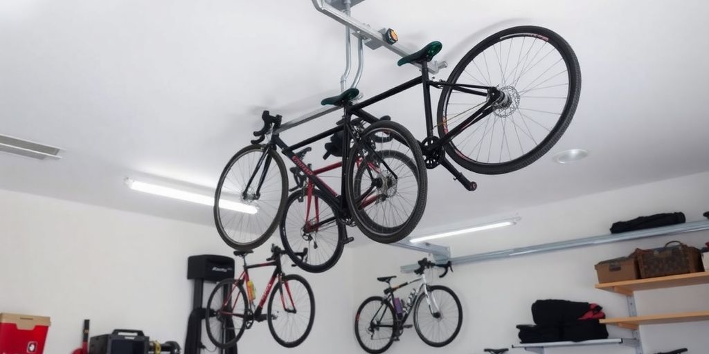 Ceiling-mounted bike storage in a tidy garage.