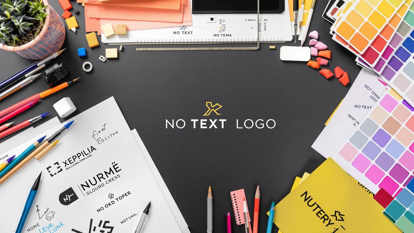 Kreativt arbeidsområde med designverktøy og logo-skisser.