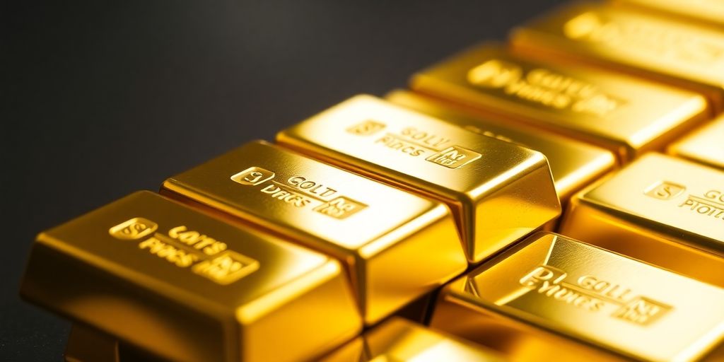 Lingots d'or empilés avec éclat et lumière.