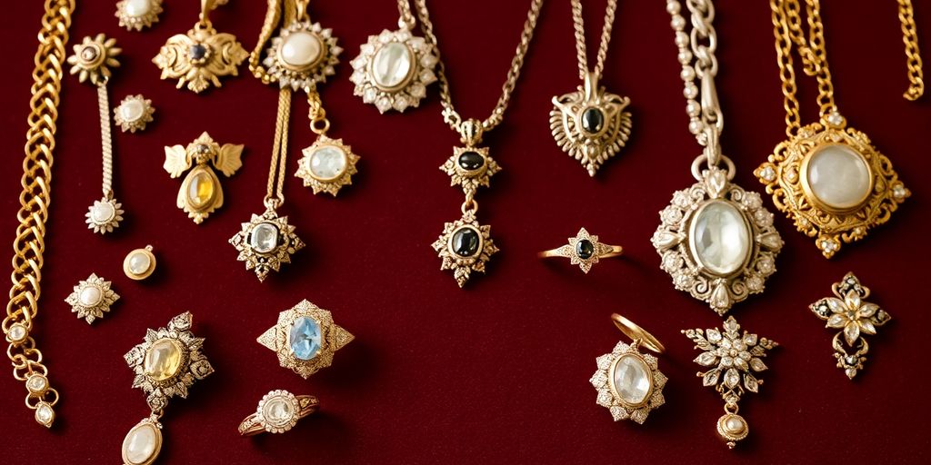 Sammlung von antikem Schmuck auf Samthintergrund.