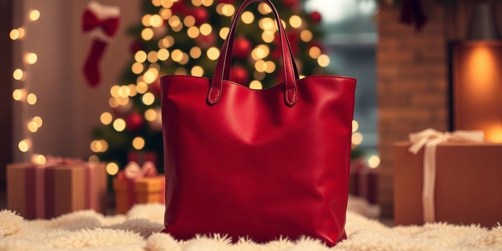 Elegant Lifetime Tote bag in a festive holiday setting.