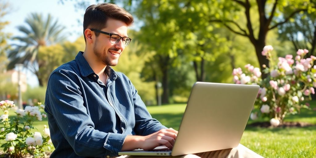 Person working on laptop, bright ideas, sunny outdoor setting.