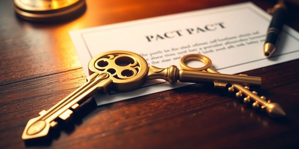 Clé dorée et document sur un bureau en bois.