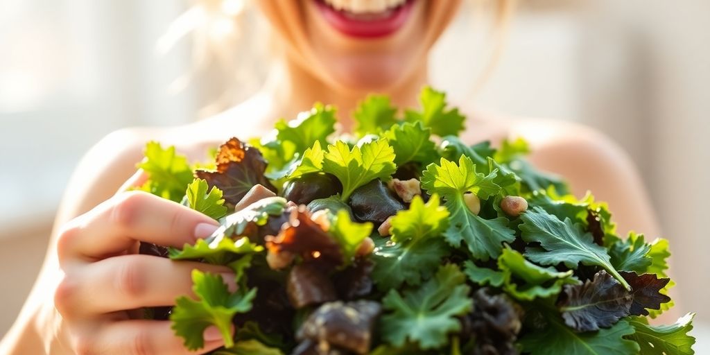 Person eating a salad filled with kale and spinach.