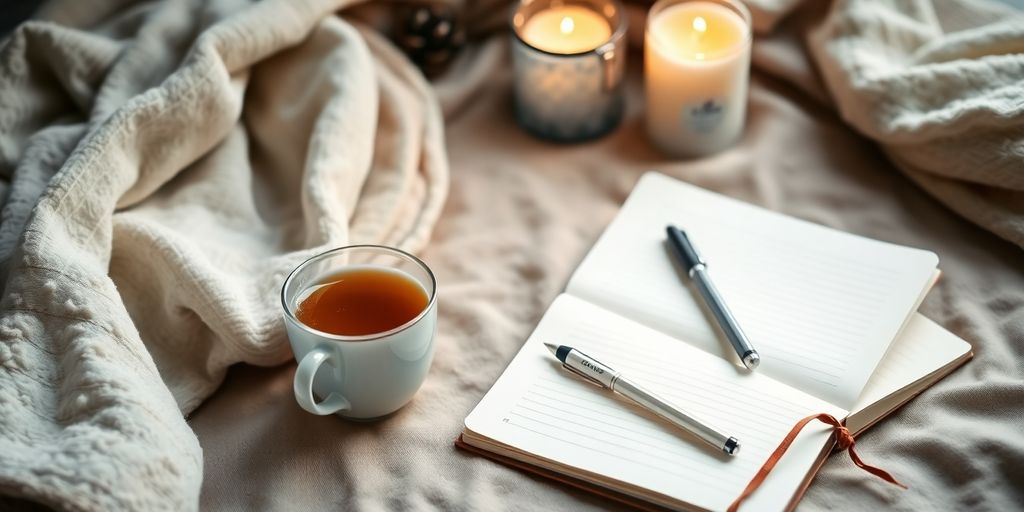 Cozy self-care setup for expecting mothers with tea and candles.