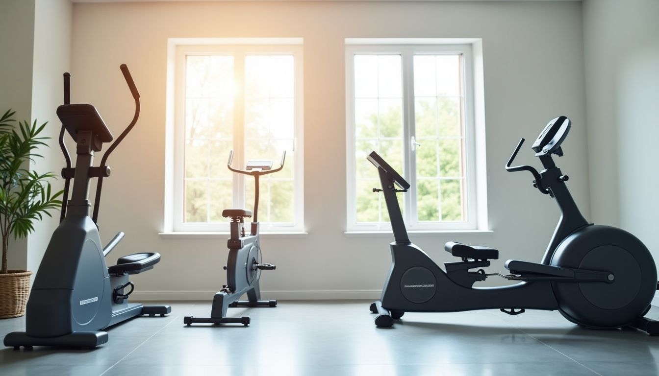 Low-impact exercise machines in a bright gym setting.