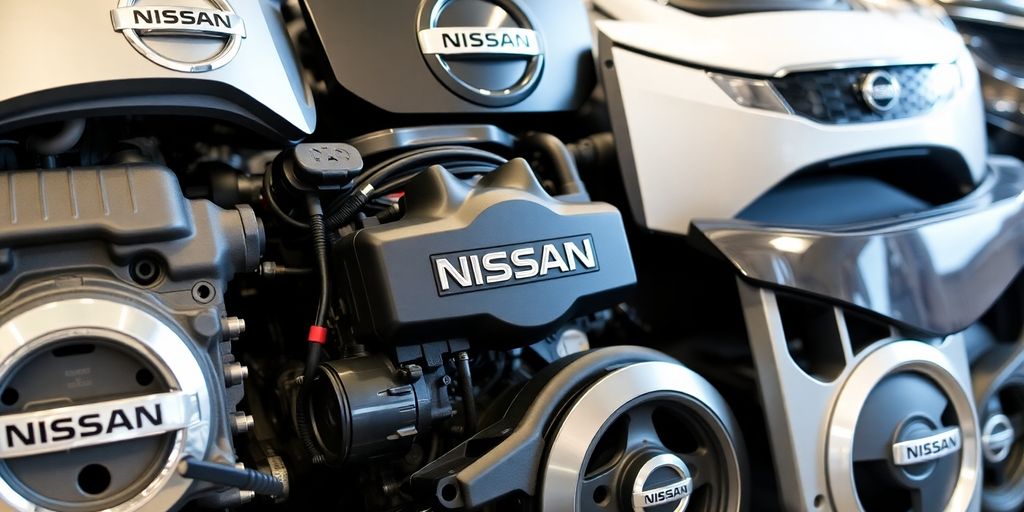 Nissan car parts laid out on a clean surface.