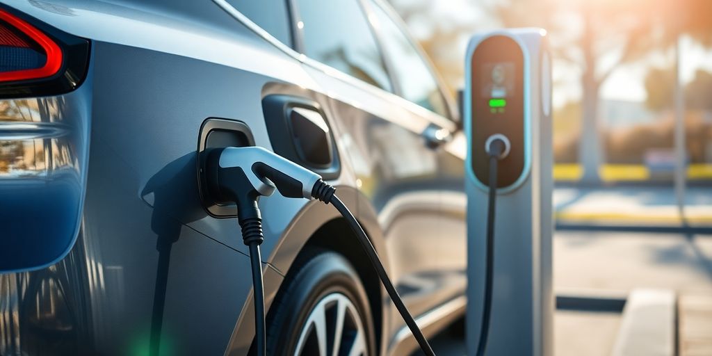 Electric car charging at a station.