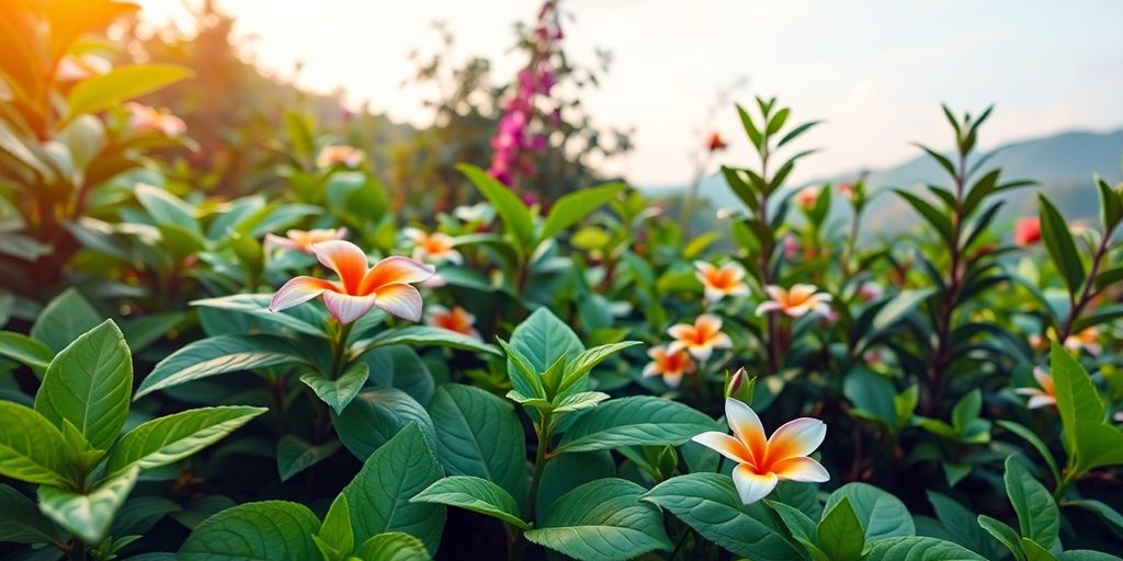 Lush Thai herbs in a peaceful natural setting.