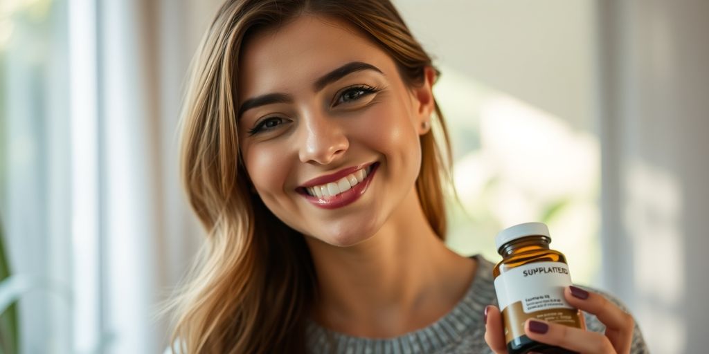 Woman holding supplements, smiling