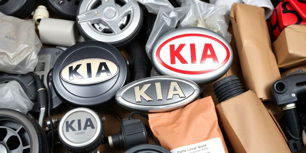 Affordable Kia car parts laid out on a clean surface.